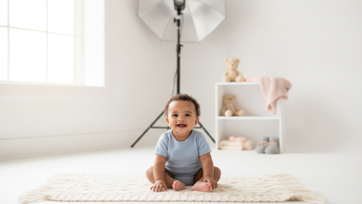A newborn baby is wrapped in a beige blanket, sleeping on a matching textured rug during a baby photography Sydney session